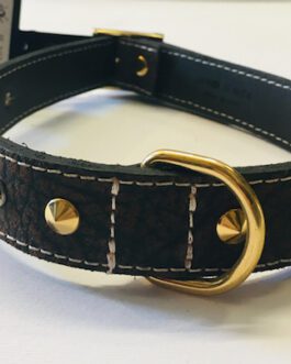 Pet Follie Collare di manifattura artigianale in vera pelle color elefante testa di moro con borchie oro e strass.H 2,5 cm.