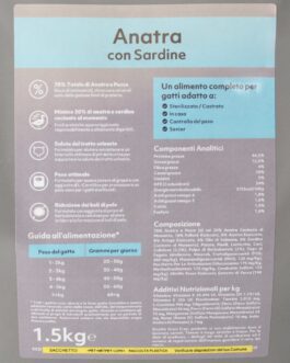 Pota l'&egrave; mao 
anatra con sardine 
Gatto adulto Sterilizzato
1,5 kg