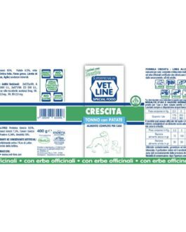 Mangime umido CRESCITA TONNO 
con patate 400 gr Vet Line