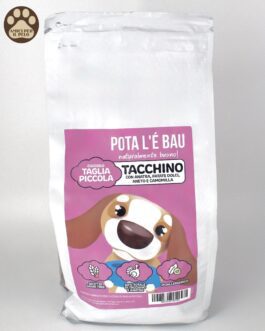 Pota l'&egrave; bau
Tacchino con anatra,patate dolci, aneto e camomilla
taglia piccola CUCCIOLO
2  kg